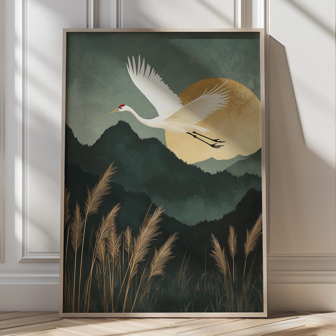 Crane Flying Under a Golden Moon Over Misty Mountains Wall Poster