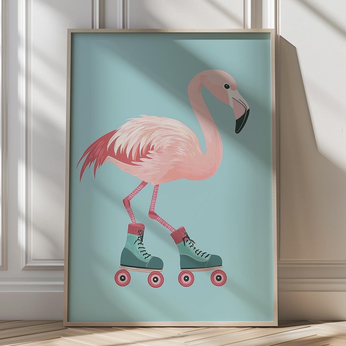 Sweet Pink Flamingo Gliding on Teal Roller Skates Nursery Poster