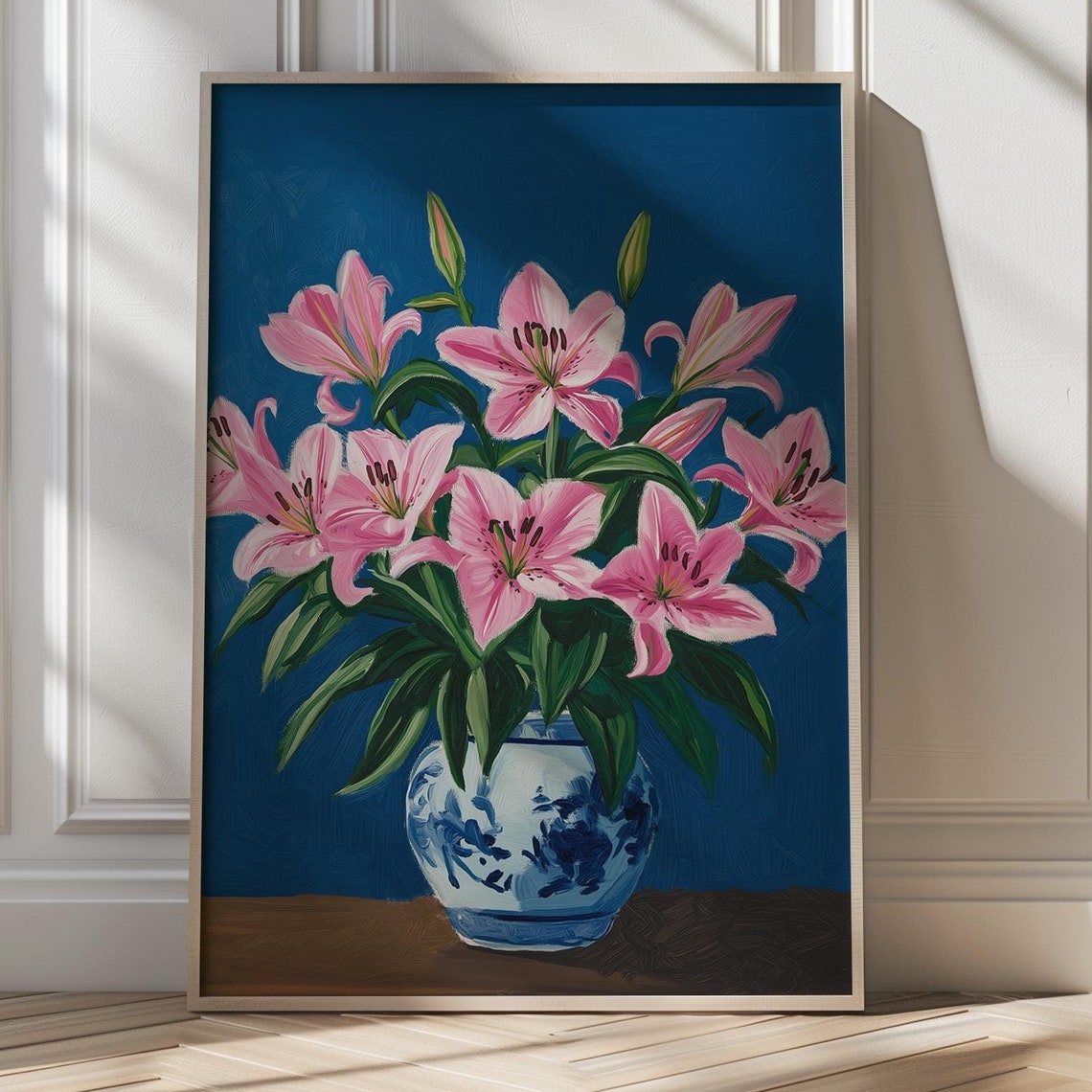 Blush Pink Lilies in Blue Porcelain Vase Art Poster Floral Wall Decor