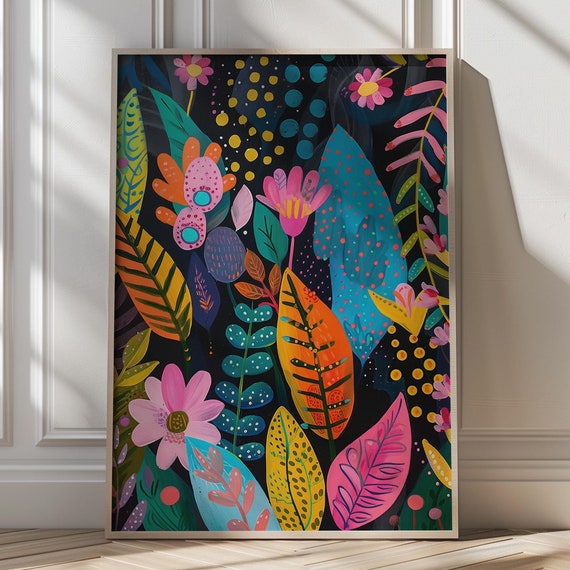 Vibrant Botanical Wall Art Colorful Leaf Print Modern Eclectic Decor Whimsical Nature Print Dopamine Decor Bold Abstract Flowers Trendy Art