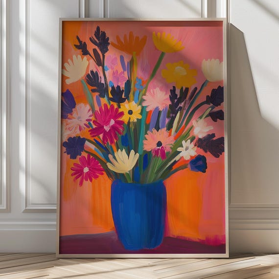 Colorful Flower Wall Art Botanical Painting Modern Floral Maximalist Art Dopamine Decor Bold Flowers Nature Inspired Boho Decor