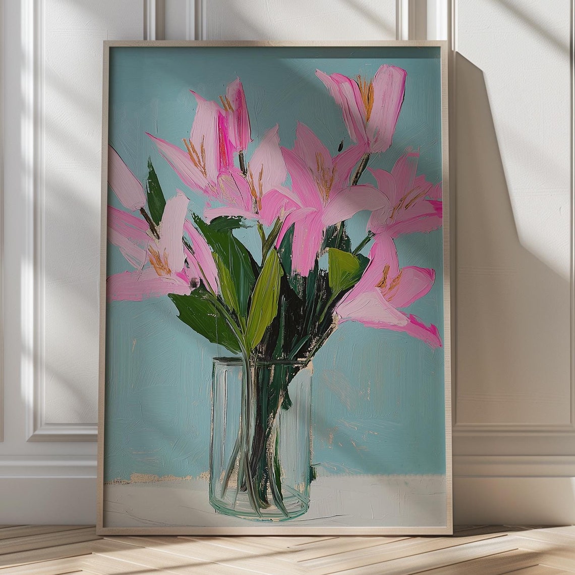Pink Lilies in Glass Vase on Teal Background Floral Art Poster