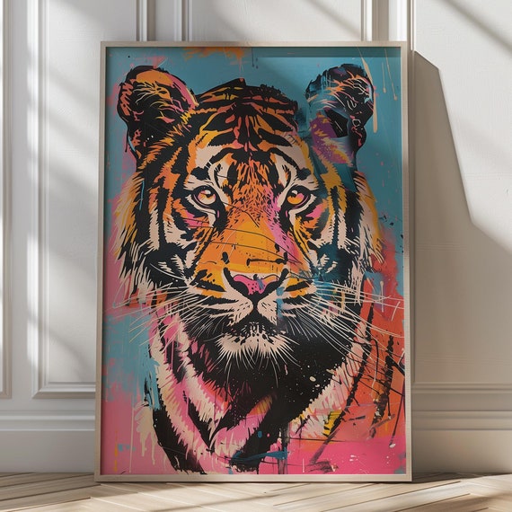 Vibrant Colorful Tiger Art Bold Maximalist Animal Poster For Trendy Home Eclectic Funky Room Dopamine Decor Jungle Animal Wall Art