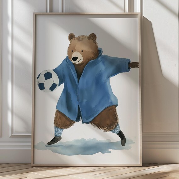 Soccer Bear in Blue Watercolor Art Poster Kids Room Sports Wall Decor