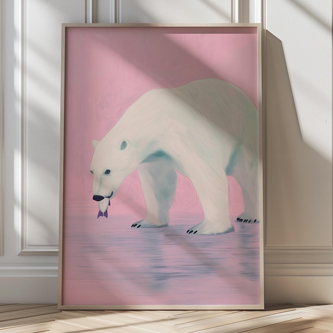 Minimalist Polar Bear Art Poster on Pink Background Kids Room Decor