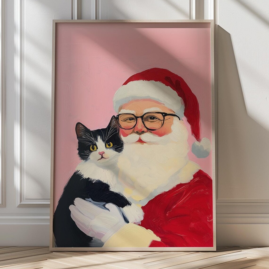 Santa Holding Black Cat Art Poster Pink Christmas Holiday Wall Decor