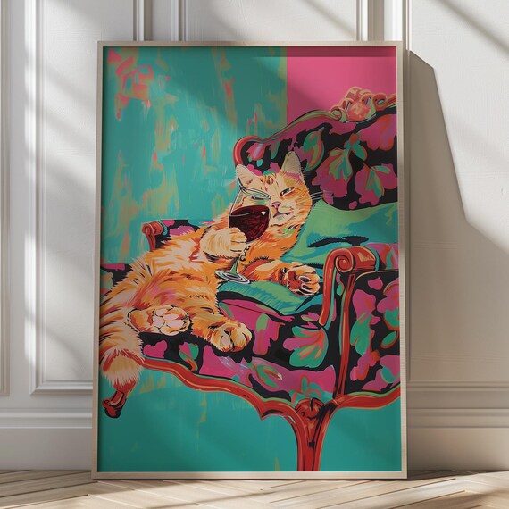 Lounging Ginger Cat With Red Wine On A Velvet Chaise Pop Art Poster
