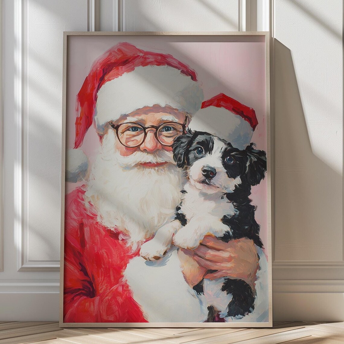 Santa With Puppy in Santa Hats Art Poster Pink Christmas Wall Decor