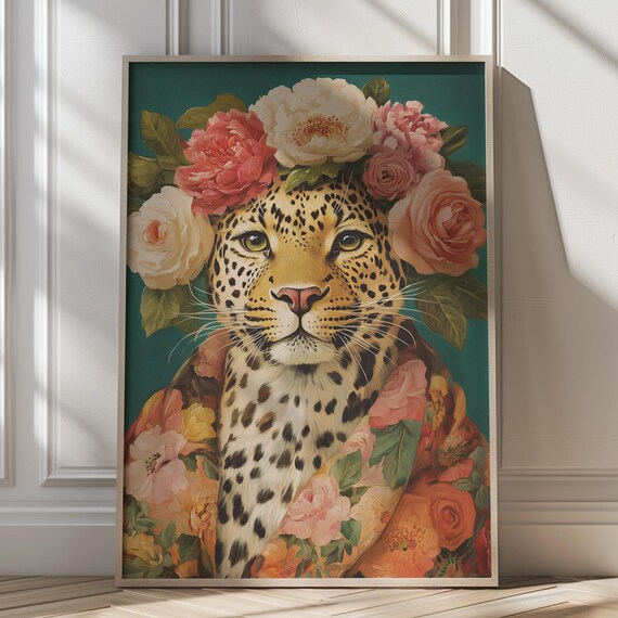 Regal Leopard Wearing a Crown of Pink Roses Whimsical Art Poster