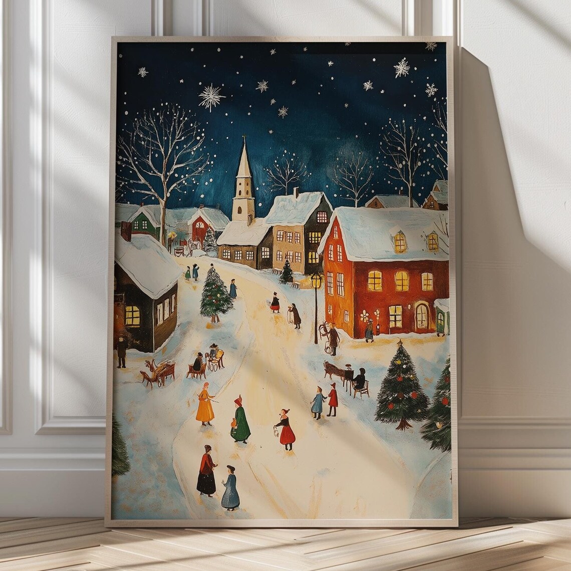 Snowy Village Christmas Eve Night Scene Folk Celebration Poster