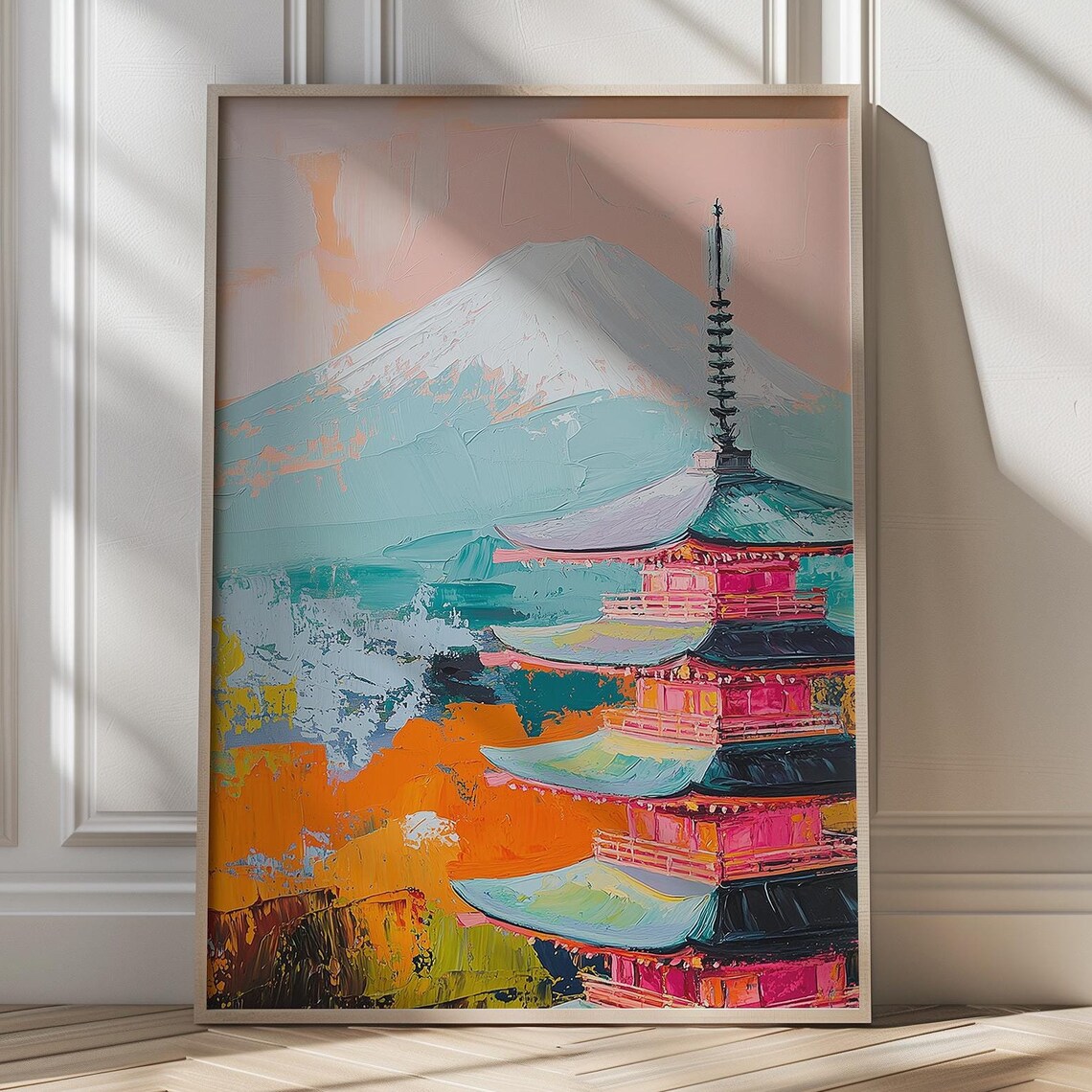 Mount Fuji Behind a Vivid Red Pagoda Colorful Japan Art Poster