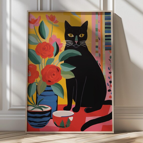 Bold Folk Art Black Cat with Red Roses Blue Vase Colorful Poster
