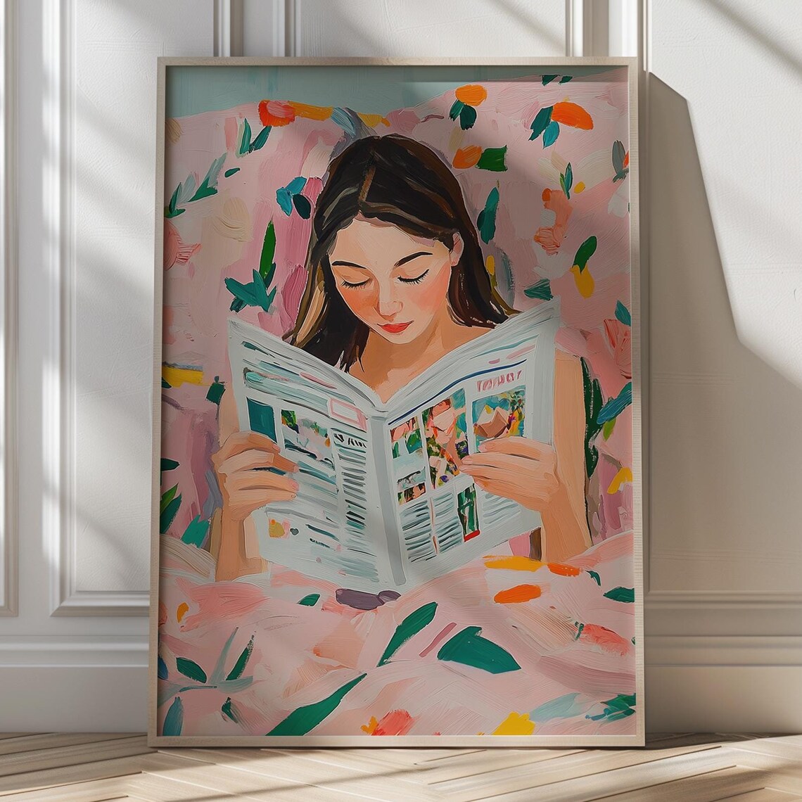 Woman Reading Newspaper in Pink Floral Bed Modern Art Poster