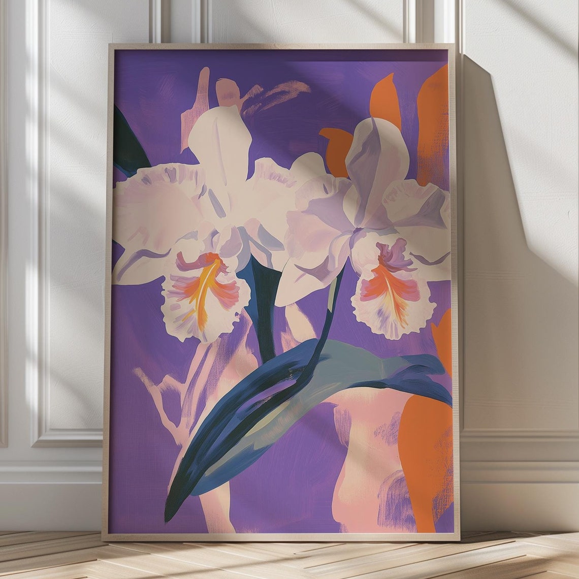 White Orchids On A Deep Purple Background Modern Botanical Poster