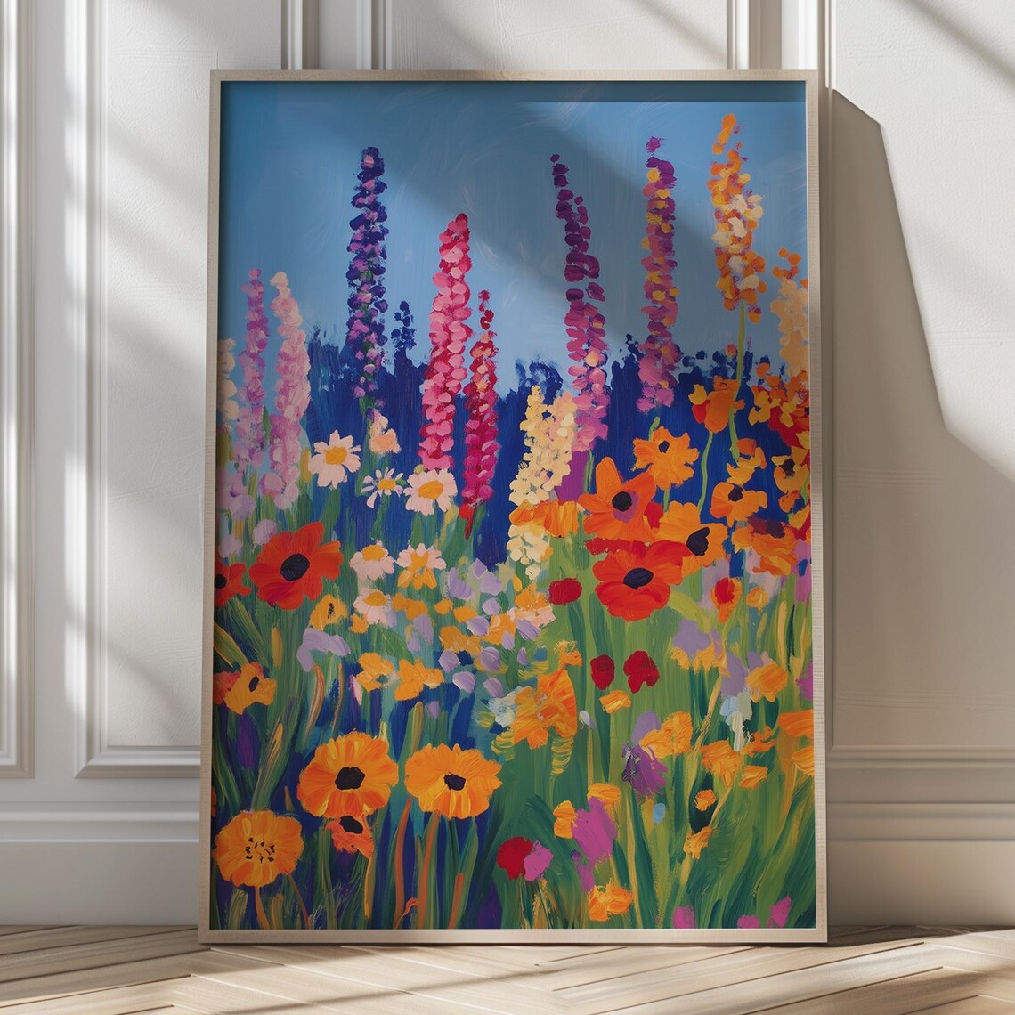 Colorful Wildflower Meadow Swaying Under a Blue Sky Art Poster