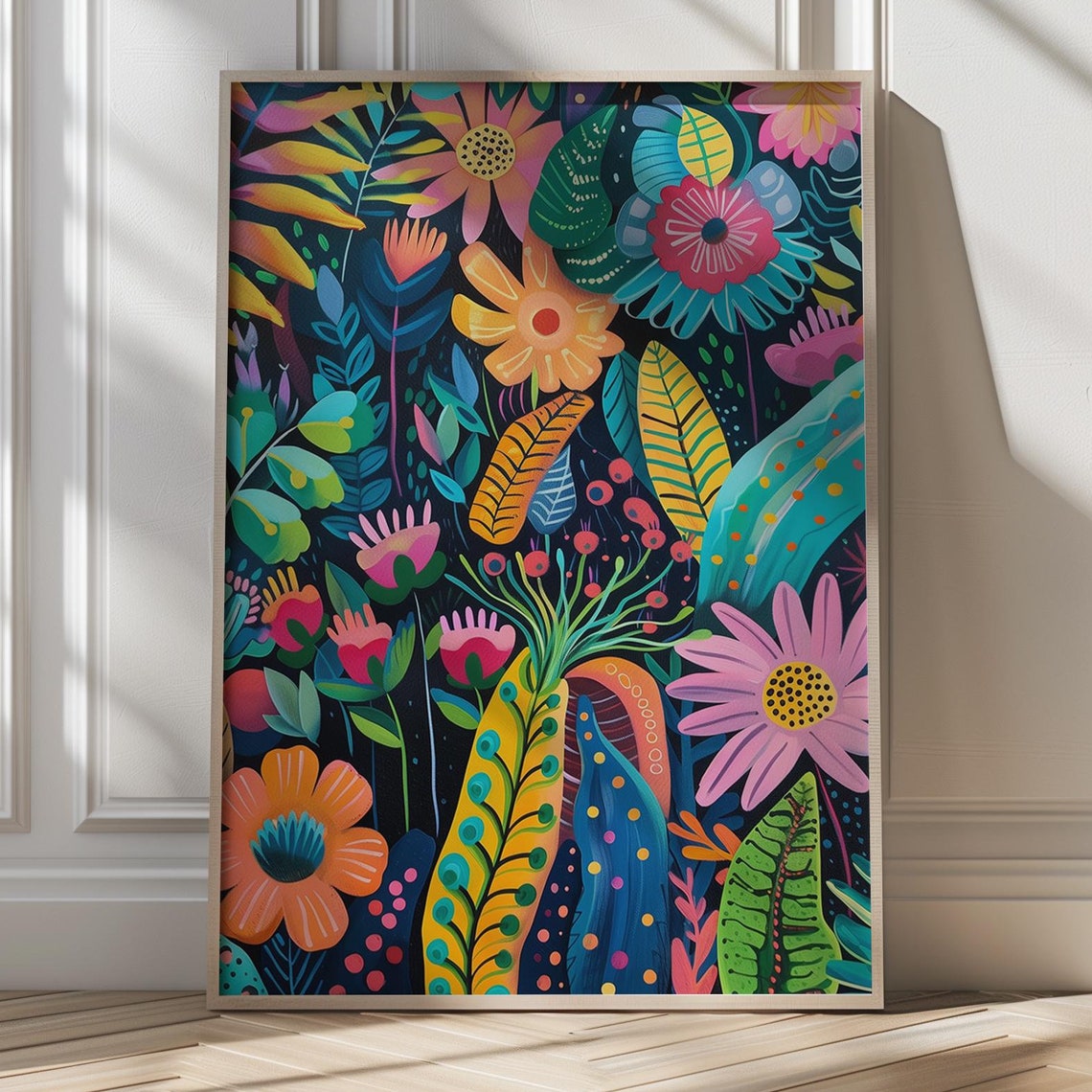 Colorful Tropical Floral Jungle On Dark Background Botanical Poster