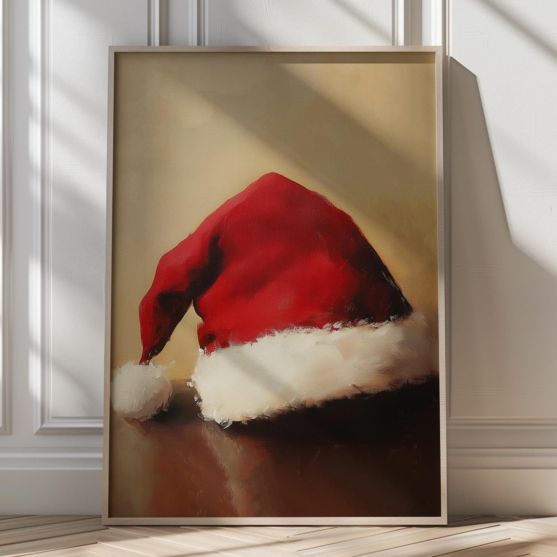 Red Santa Hat Still Life On Dark Wood Moody Christmas Poster