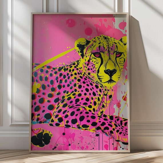 Bold Hot Pink Cheetah Art Maximalist Animal Wall Art Trendy Pop Art For Vibrant Home Dopamine Decor Colorful Cat Art