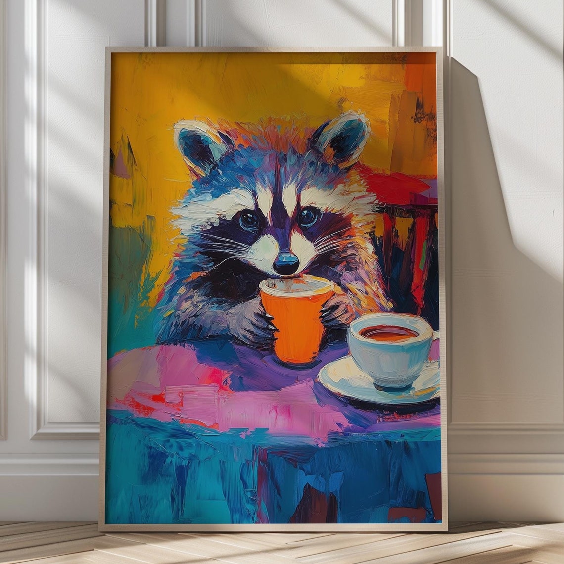 Playful Raccoon Drinking Orange Cup Bold Impasto Animal Poster