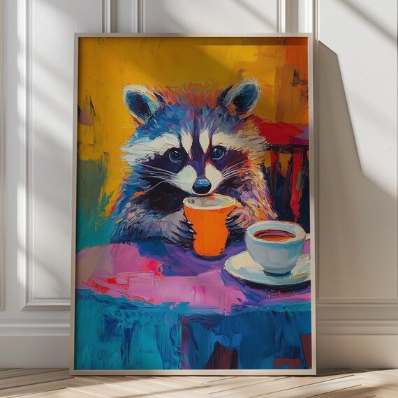 Playful Raccoon Drinking Orange Cup Bold Impasto Animal Poster