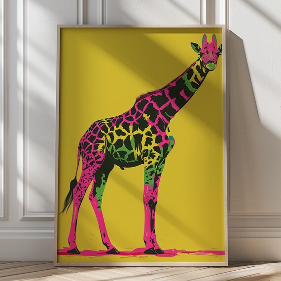 Neon Pink And Green Giraffe On A Bright Yellow Background Pop Art Poster
