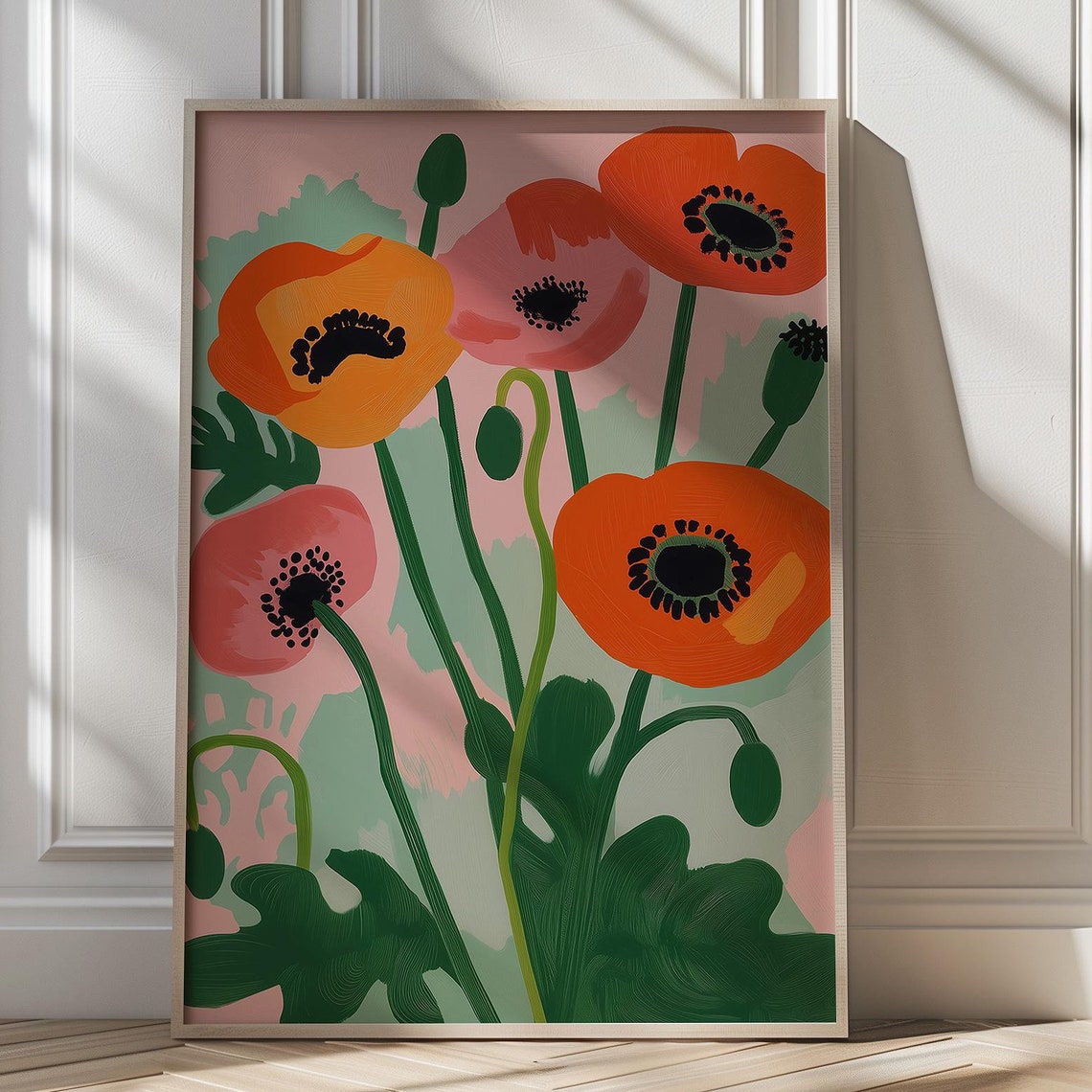 Bold Orange Poppies Sage Green Modern Floral Botanical Poster