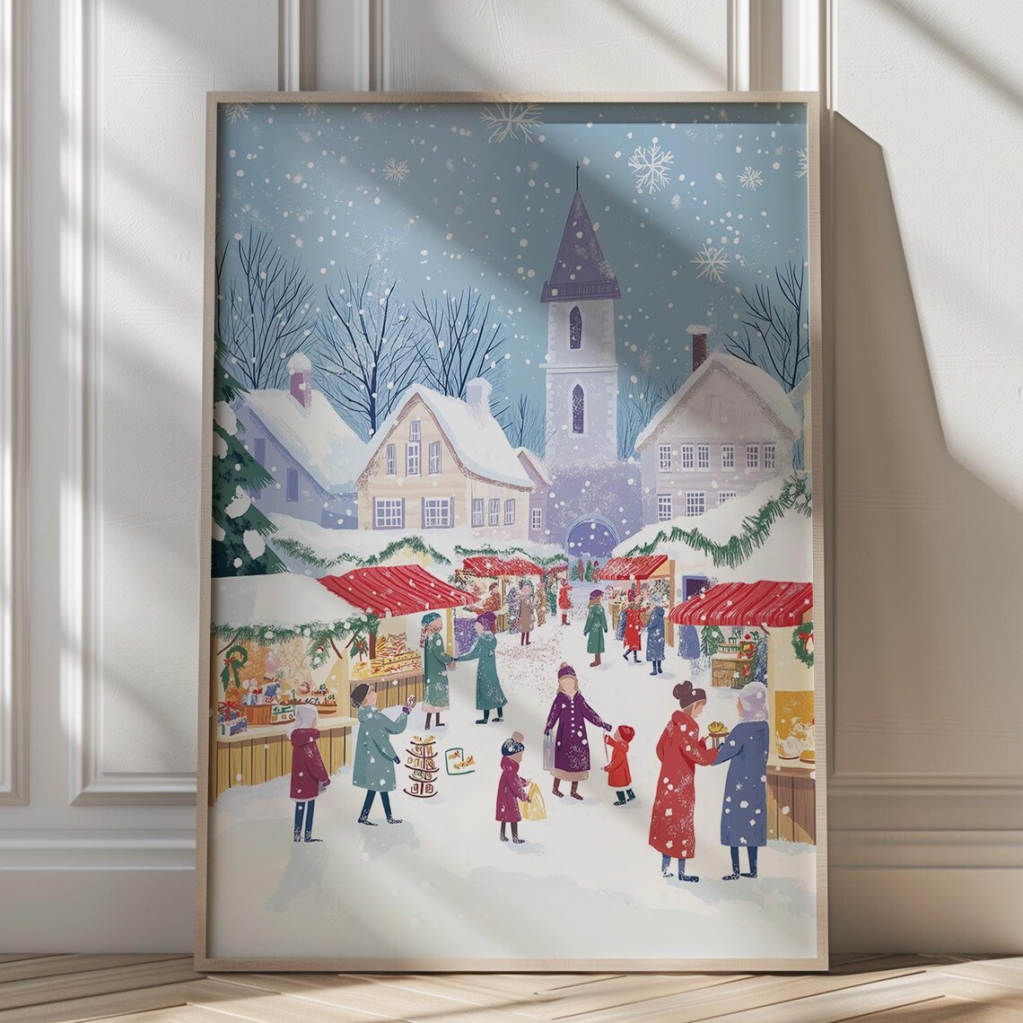 Snowy Christmas Market Street Scene Festive Holiday Village Poster