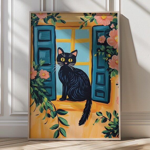 Black Cat on Sunny Mediterranean Window Sill Floral Art Poster