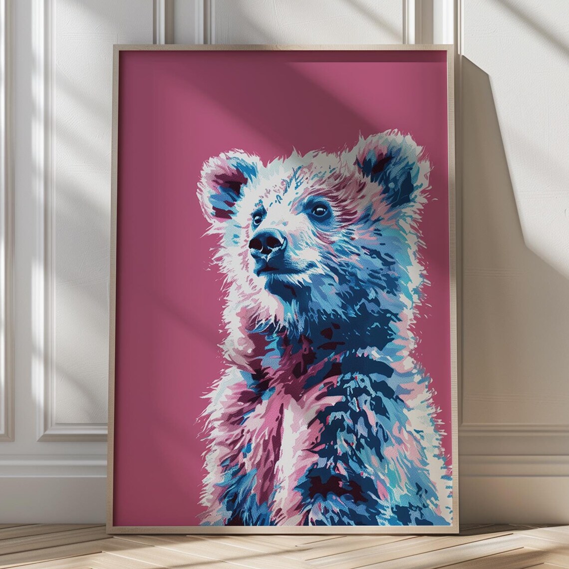 Playful Colorful Bear Cub Portrait on Magenta Modern Art Poster