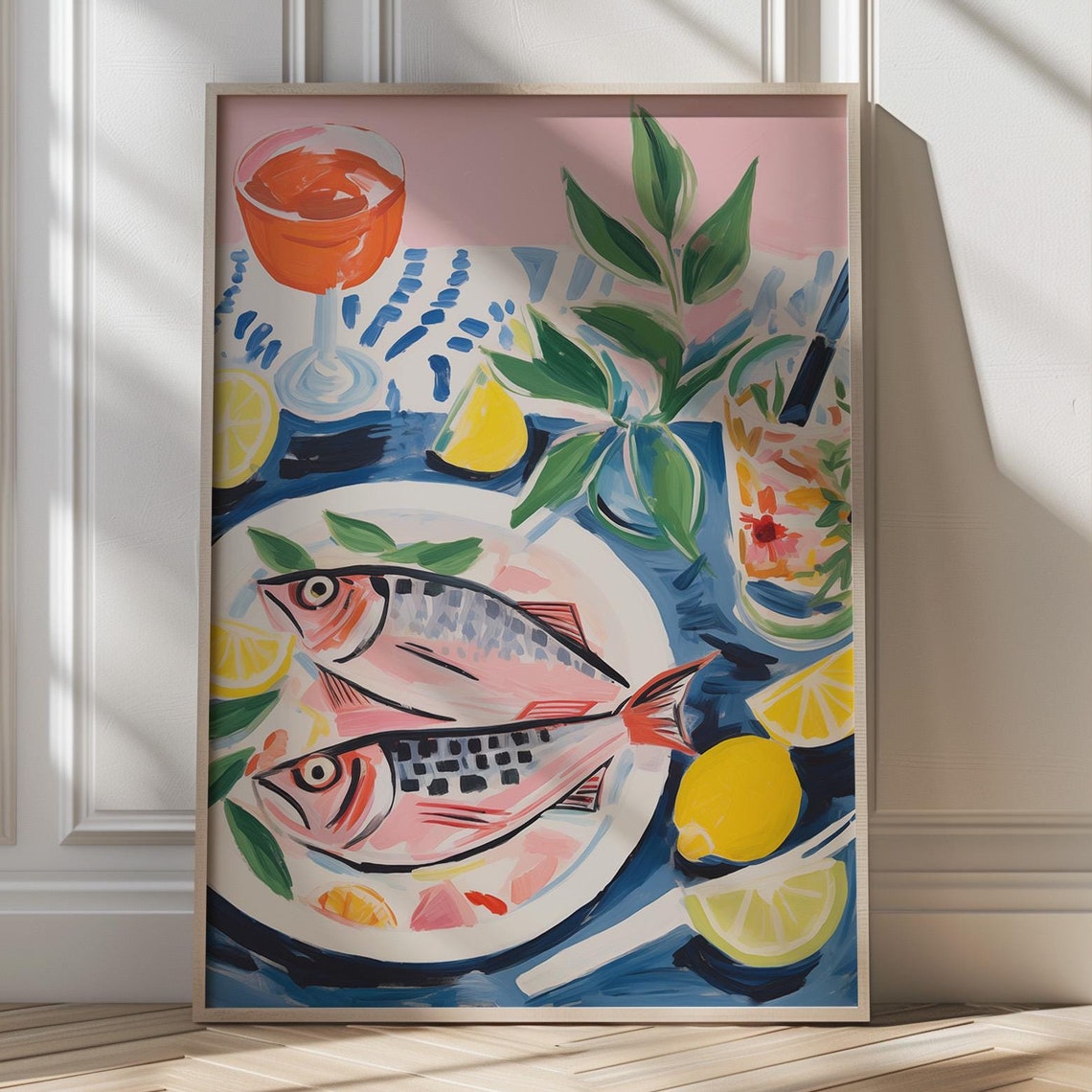 Vibrant Sardines on Plate with Lemons Coastal Kitchen Art Poster