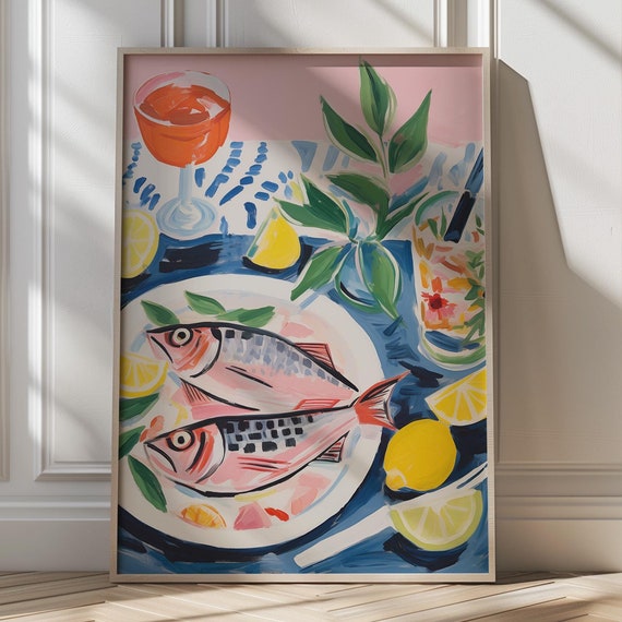Vibrant Fish And Citrus Decor Kitchen Art Print Coastal Dining Wall Art Colorful Culinary Art Modern Coastal Kitchen Decor Dopamine Decor