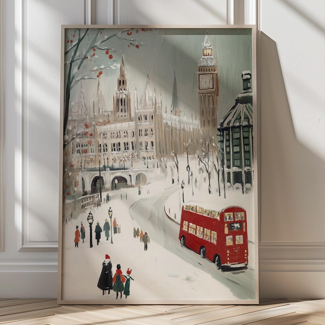Snowy London Street with Big Ben and Red Bus Winter Travel Poster