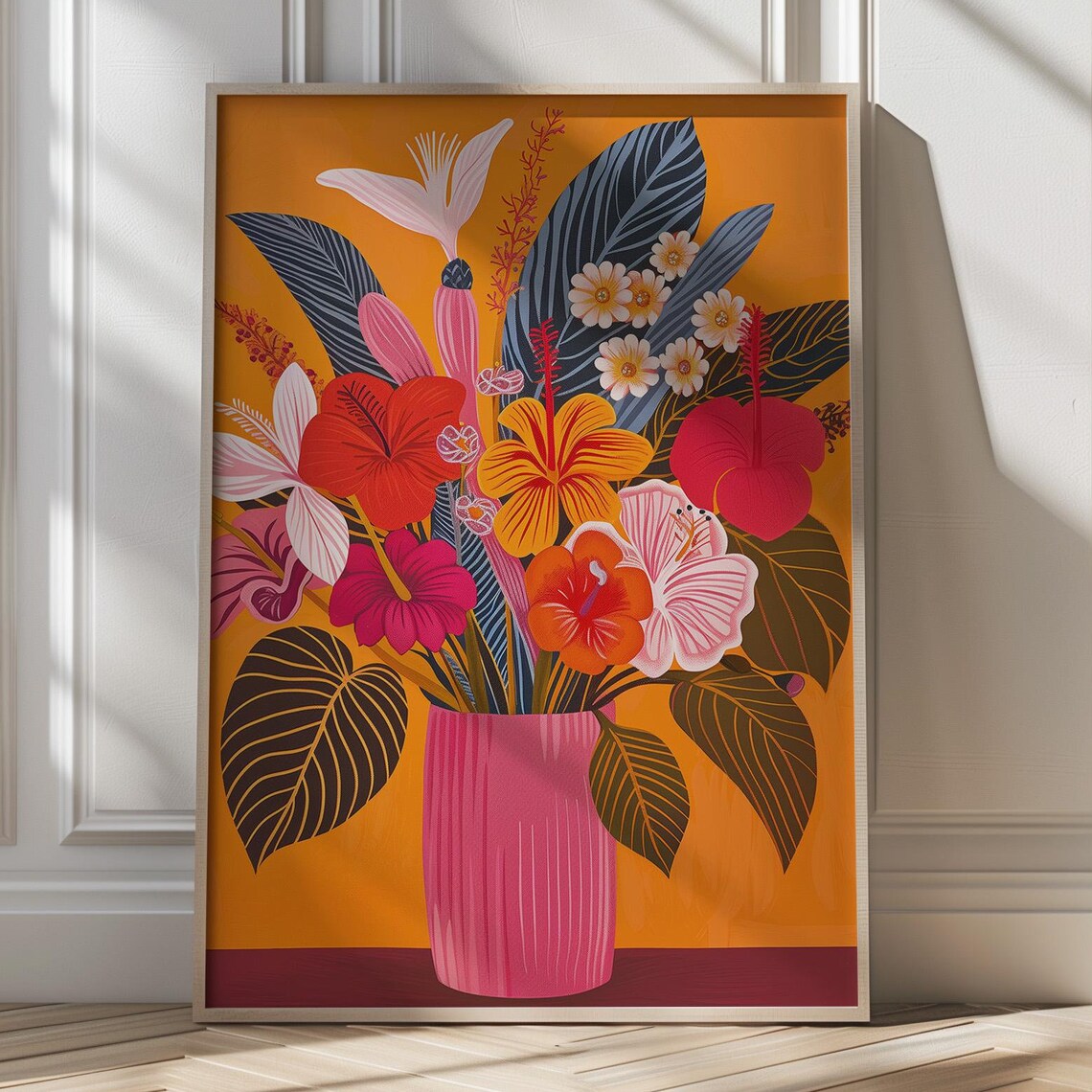Tropical Hibiscus Bouquet Pink Vase Bold Orange Botanical Poster