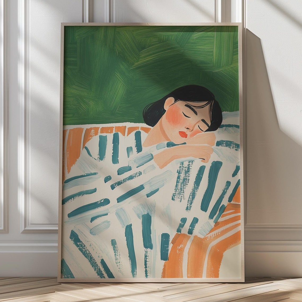 Woman Resting on Striped Sofa Green Minimalist Portrait Poster