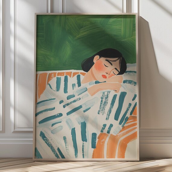 Woman Resting on Striped Sofa Green Minimalist Portrait Poster