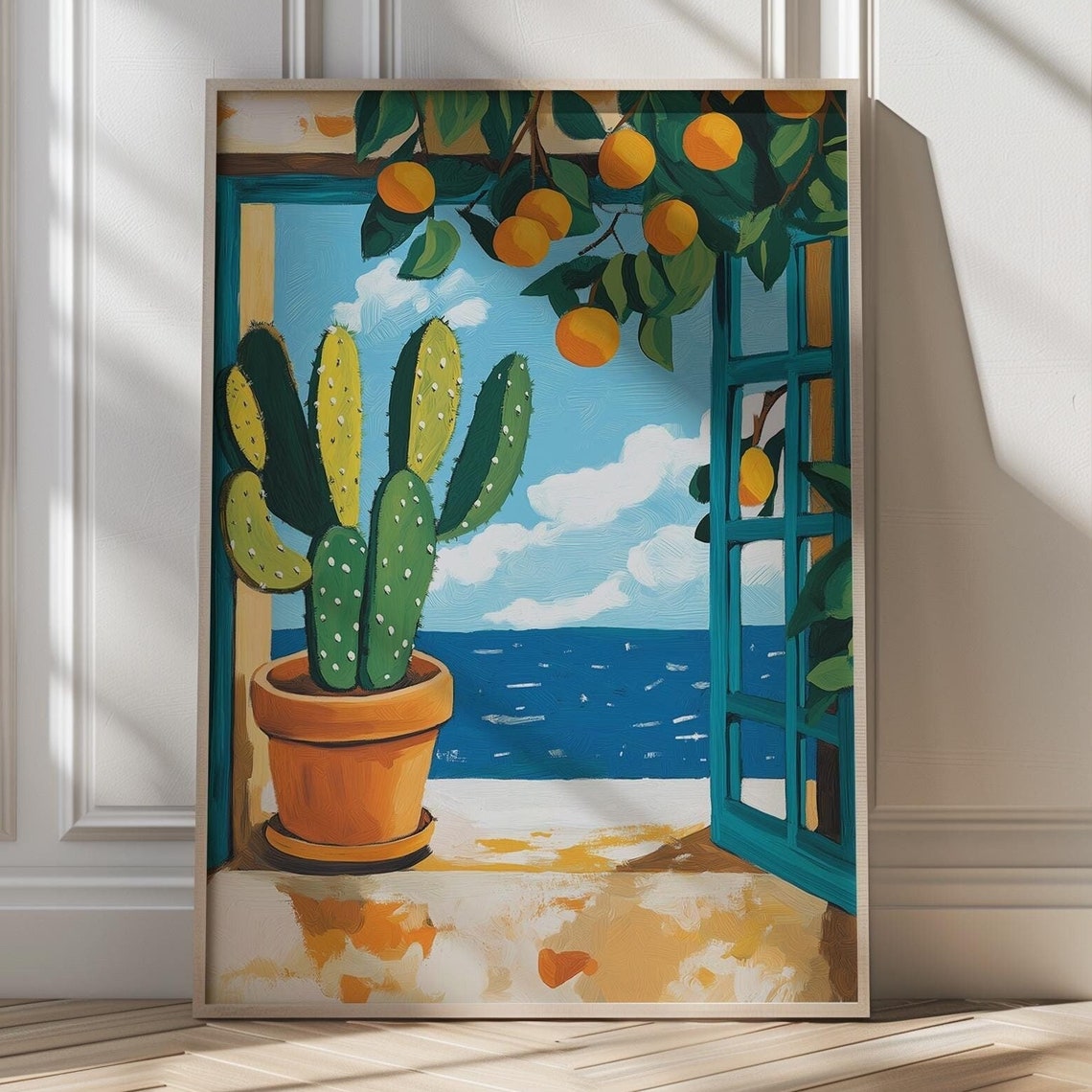 Sunny Mediterranean Cactus and Orange Tree Ocean View Poster