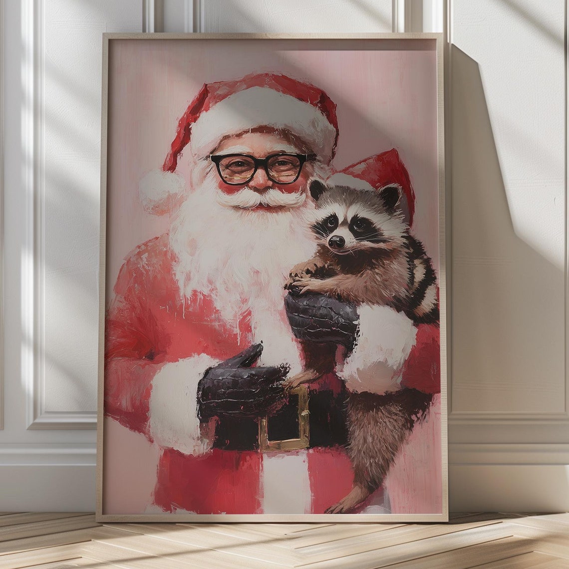 Santa And Raccoon Christmas Art Holiday Decor Pink Christmas Wall Art Whimsical Seasonal Print Cute Santa Illustration Christmas Gift Card