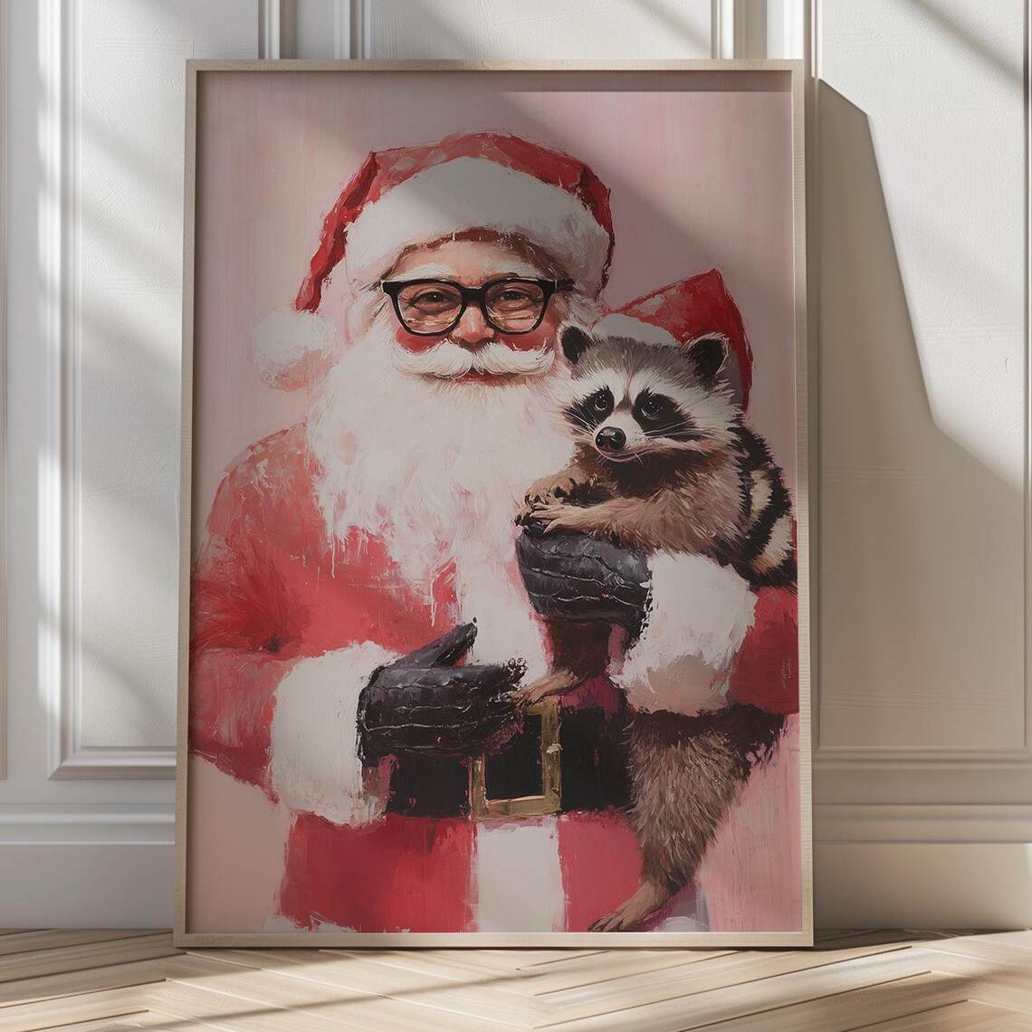 Santa With Raccoon in Santa Hats Art Poster Pink Christmas Wall Decor