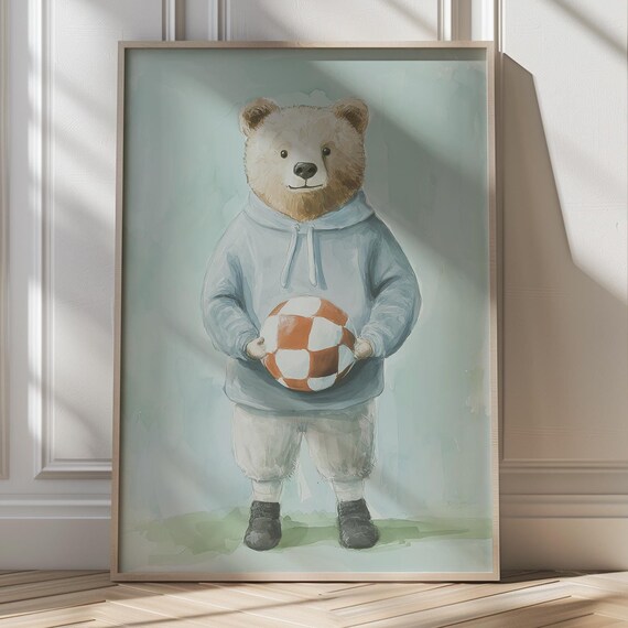 Bear in Blue Hoodie With Soccer Ball Watercolor Art Poster Kids Decor