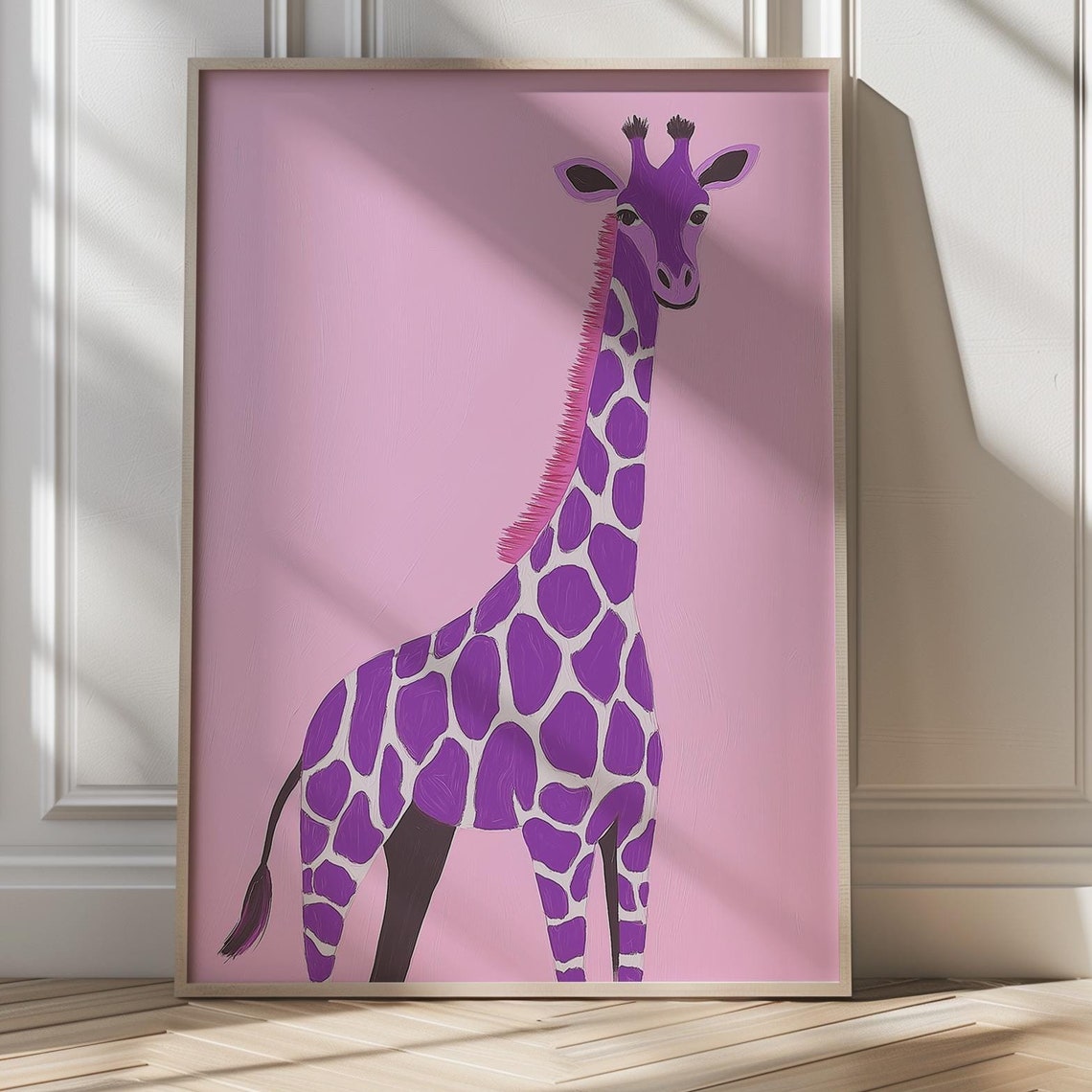 Adorable Tall Purple Giraffe on Pink Kids Nursery Art Poster