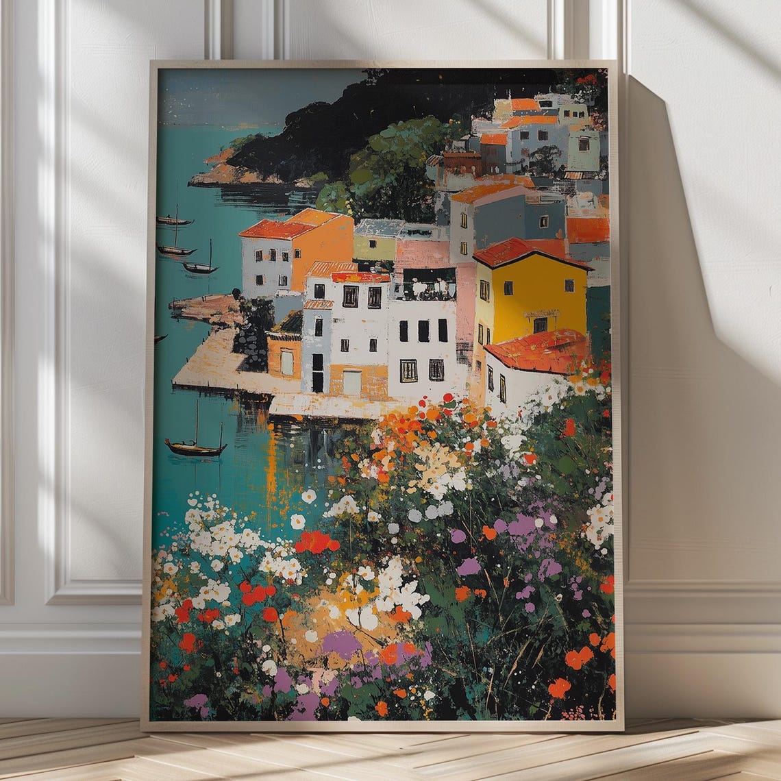 Sunlit Mediterranean Coastal Village Above a Turquoise Harbor Poster