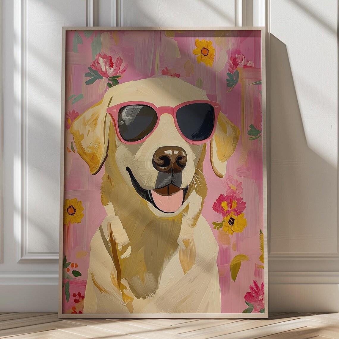 Smiling Golden Labrador in Pink Sunglasses Floral Portrait Poster
