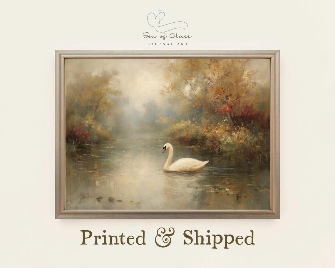 Serene Vintage White Swan on a Misty River Autumn Landscape Poster