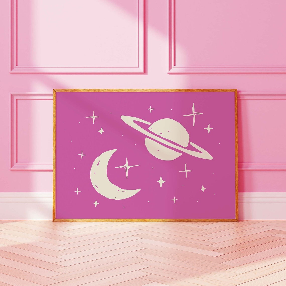 Pink Space Doodle Saturn Planet Moon Stars Cute Galaxy Poster - Image 2