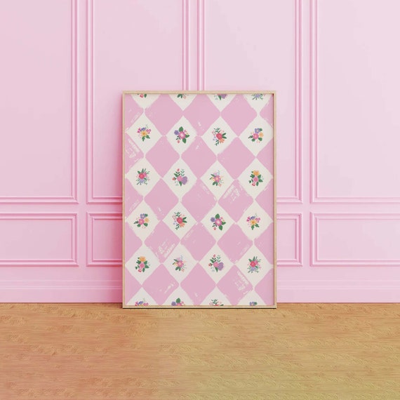 Vintage Floral Pattern Print Art Checker Wall Art Grandmillennial Floral Art Print Cute Trendy Wall Art