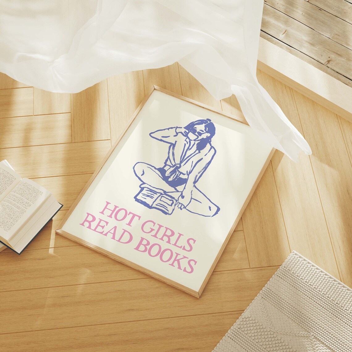 Hot Girls Read Books Pink Blue Woman Reading Line Art Poster For Dorm - Image 3