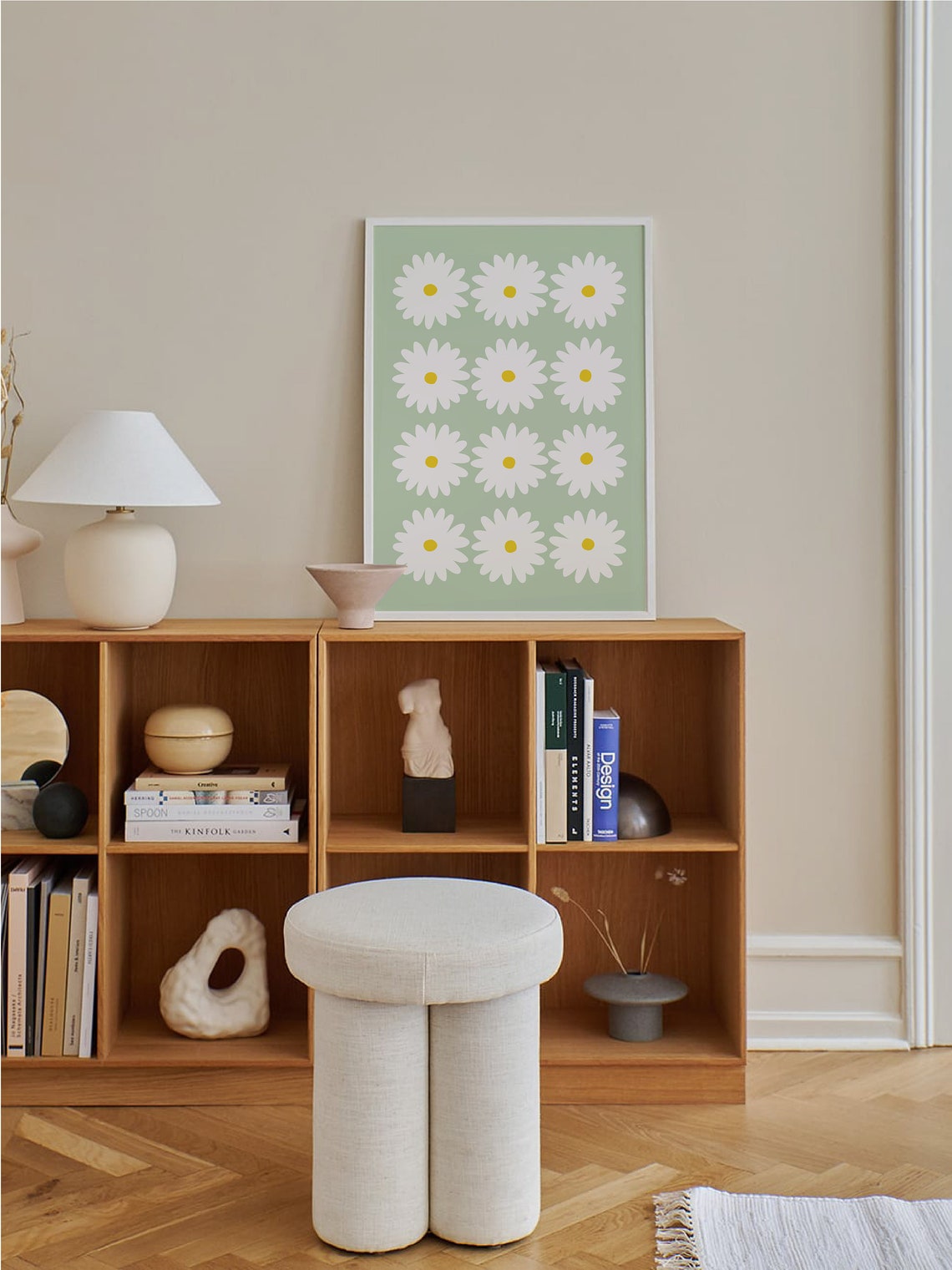 Sage Green Daisy Grid Poster with Twelve White Retro Flower Heads - Image 3
