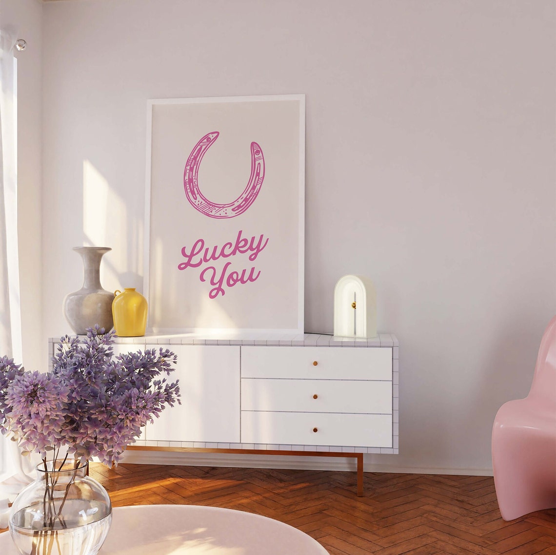 Lucky You Pink Horseshoe Good Luck Western Script Art Poster - Image 3