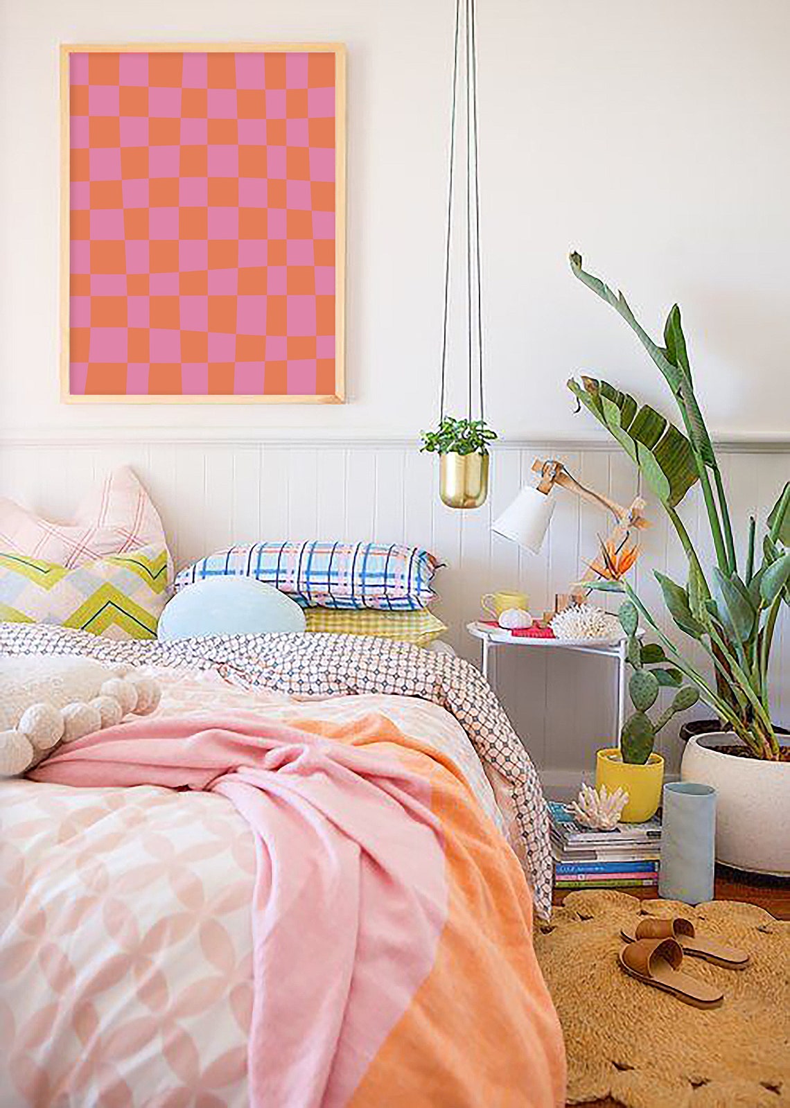 Pink And Orange Checkered Grid Trendy Retro Abstract Art Poster - Image 4