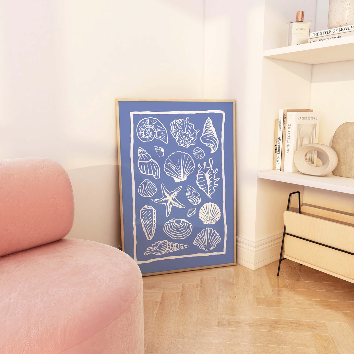 Periwinkle Blue Seashell Collage White Line Art Beach Poster - Image 2